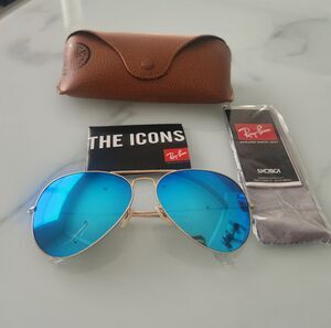 RAY-BAN RB3025 Aviator Gold Metal Frame Blue Mirror Lenses 58mm size
